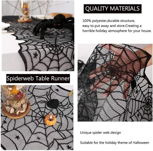 Halloween Table Runner Spider Web: 4 Pieces 18x72 Inches Black Lace Runners for Halloween Party Black Spooky Dinner Table Decorations