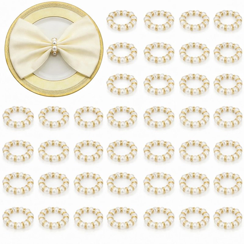 Tanlade 150 Pcs Wedding Pearl Napkin Rings Imitation Pearl Beaded Napkin Rings Holder Silver White and Gold Elastic Dinner Table Decor Rhinestone Serviette Rings for Table Party Decorations