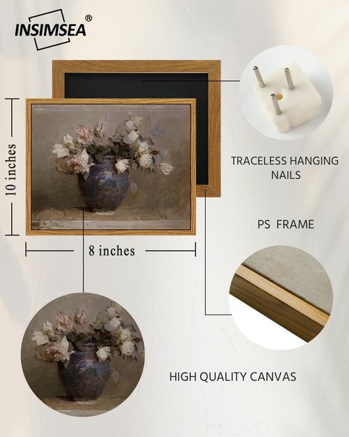 InSimSea Framed Canvas Print - Classical Roses in Vase Oil Painting for Home Decor | 8x10in