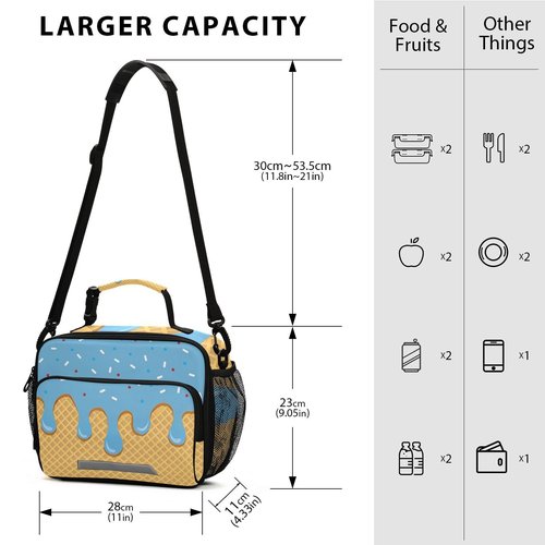 ALAZA Blue Ice Cream Lunch Box for Girls Kids Insulated Lunch Bag Boys Lunchbox Reusable Cooler Tote Freezable Shoulder Strap for School Picnic