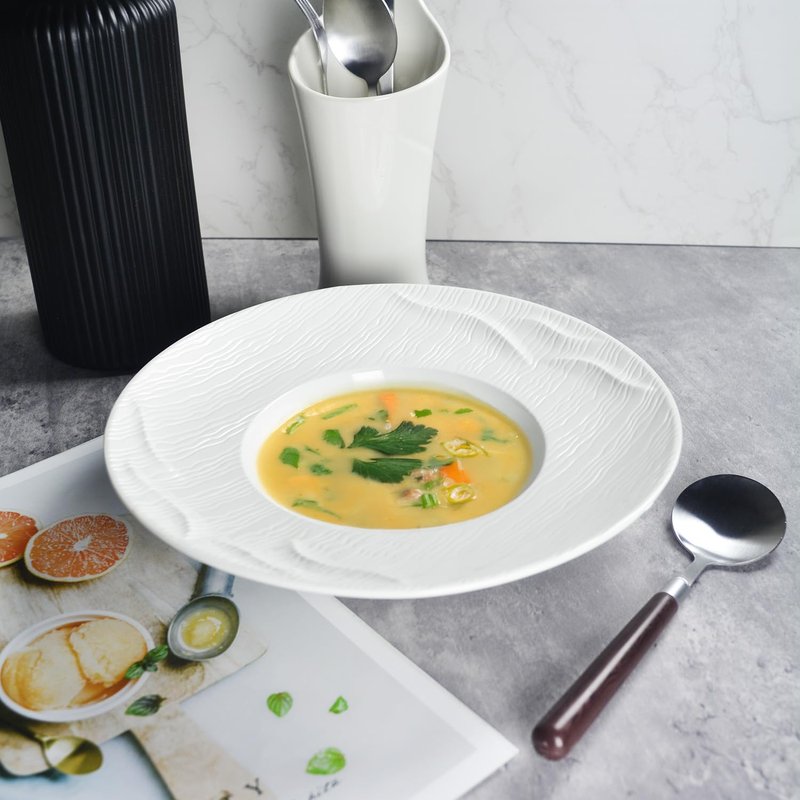dingdaer Ceramics Rimmed Soup bowls Set of 4, Embossed Wide Rim Small Mouth Pasta Plates 10.2 OZ/300 ml, Microwave Dishwasher Safe, for high end restaurants and best choice for gourmets, 9.45 Inch