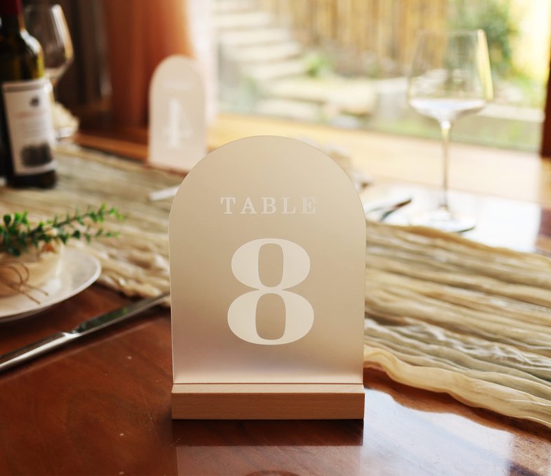 ORGANTEAM Wedding Table Numbers 1-20, Acrylic Arch Signs with Natural Wood Stands Holders, Rustic Table Decor for Reception & Parties (Frosted White)
