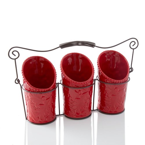 ienjoyware Kitchen Flatware Caddy - 3 Ceramic Utensil Holders (4" Dia x 7" H each) & 1 Wire Caddy - Red