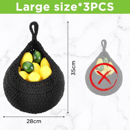 Dandat 3 Pcs Large Hanging Fruit Baskets for Kitchen Teardrop Hanging Wall Baskets Bohemian Handwoven Holder for Kitchen Vegetable Onion Potato Storage Pantry Decoration(Black)