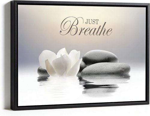 MKCIPJWC Zen Stone Wall Art - Just Breathe Yoga Quotes Canvas Print | Black Framed 12x16 Inch