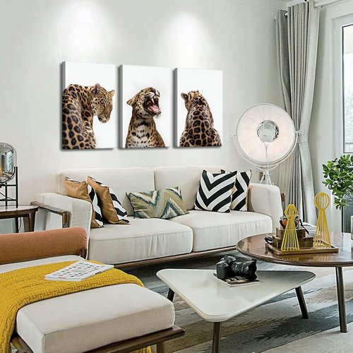 3 Pcs Leopard Roaring Canvas Wall Art Jungle Wild Animal Portrait Paintings Feminism Stylish Cheetah Aesthetic Poster Prints for Women Bedroom Living Room Bathroom Decorations (16x24in canvas)