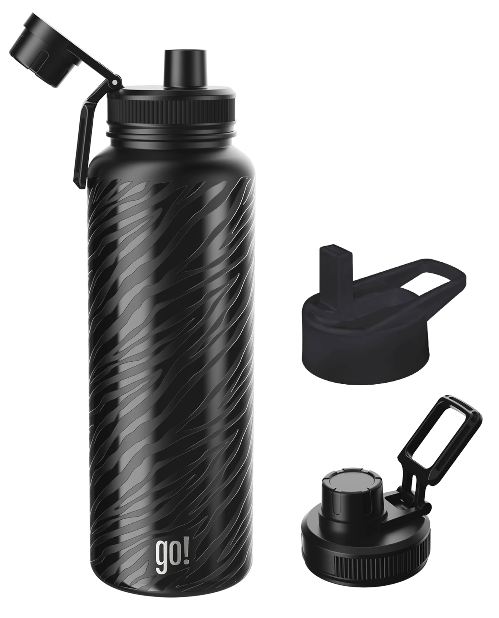 40oz Stainless Steel Sports Bottle with Triple Insulation & Copper Lining – Keeps Drinks Cold for 18 Hours & Hot for 6 – Threaded Lid with Attached Cap, Carrying Handle and Sweat-Free (Black Zebra)