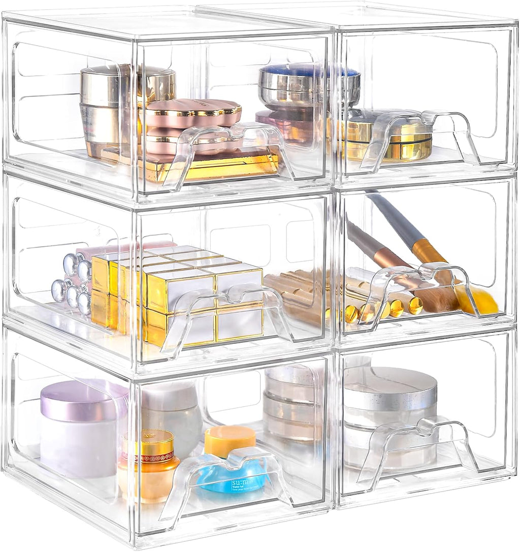 Stebopum Stackable Makeup Organizer - 6 Pack Clear Acrylic Storage Bins with Pull-Out Handle | 4.4'' Tall for Vanity, Kitchen, and More