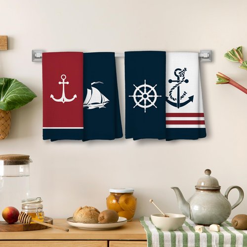 Liosei Nautical Hand Kitchen Towels, Boat Accessories,Nautical Bathroom Decor, Navy Blue Coastal Sailboat Dishtowels, Anchor Dish Towels Decoration 16 x 24 Inch Set of 4