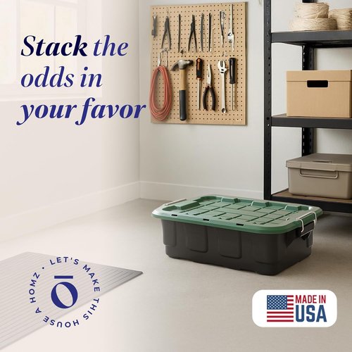 HOMZ 10-Gallon Stackable Storage Bins - Durable Plastic Containers with Lids & Latching Handles | Black/Green (2 Pack)