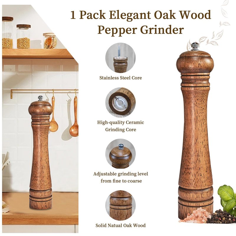 XWXO 1 Pack - 10 Inch tall Wooden Pepper Mill or Salt Mill Elegan Pepper Grinder Wood with a Adjustable Ceramic Rotor and Easily Refillable - Oak Wood Salt Grinder for Your Kitchen