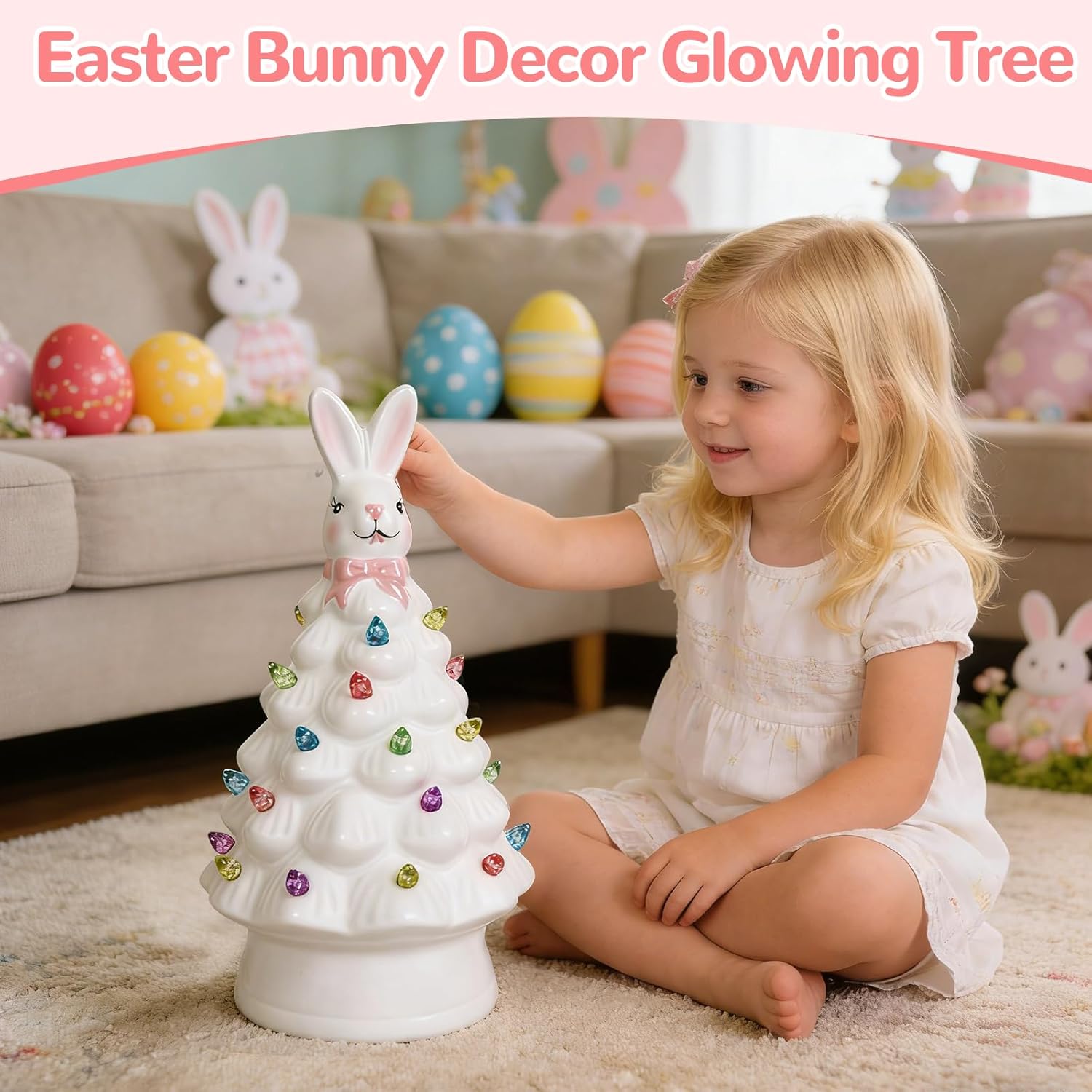 Skiennix Easter Decorations - Adorable Ceramic Bunny Tree Night Light for Home & Kids' Gifts