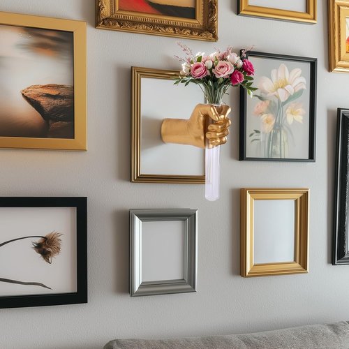 Gold Wall Sculptures | Unique Hand Vases Home Decor - Modern Eclectic Wall Art with Glass Test Tube Vase