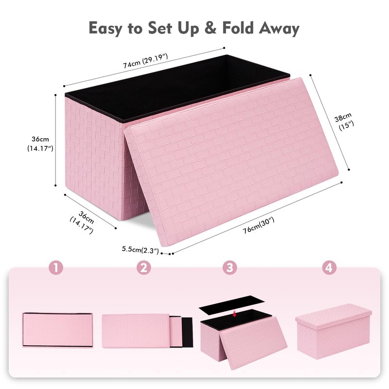 B FSOBEIIALEO Folding Storage Ottoman, Faux Leather Footrest Seat Long Shoes Bench Box Chest, Pink 30"x15"x15"
