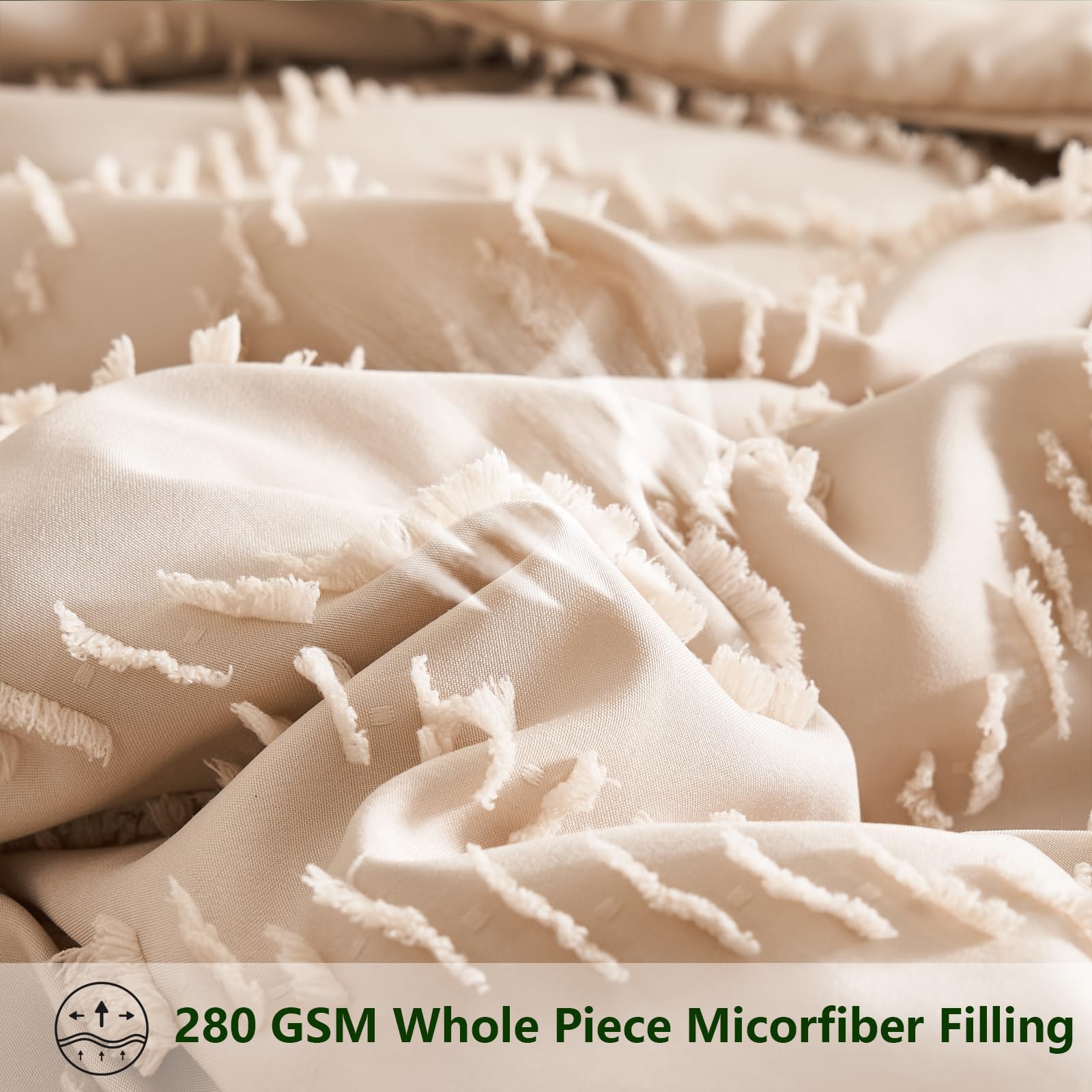 FLYMME Khaki Queen Comforter Set with Sheets,Tufted Bed in a Bag 7 Pieces, Chevron Boho Shabby Chic Farmhouse Bedding Set,Soft Microfiber Comforter for All Season（Khaki,90”*90”）