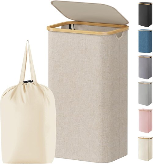 Lifewit 100L Laundry Basket - Foldable Hamper with Lid & Bamboo Handles | Beige, Removable Bag