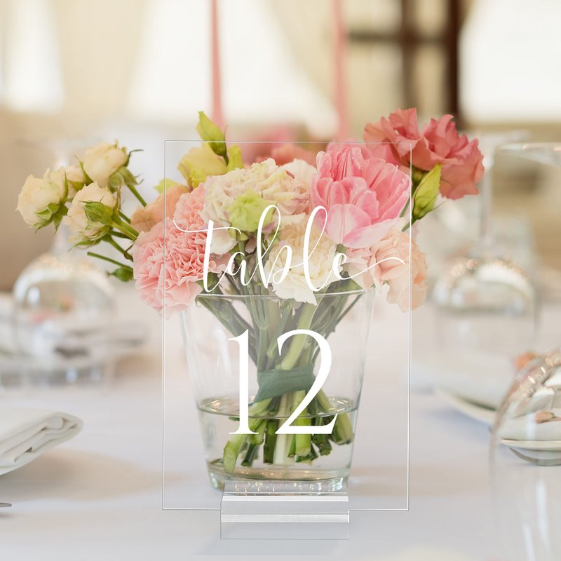 JINMURY Acrylic Wedding Table Numbers 1-30 with Stand- 4x6 Inch Clear Sign Printed Calligraphy Font, Acrylic Table Numbers with Holder Base for Wedding Party Reception