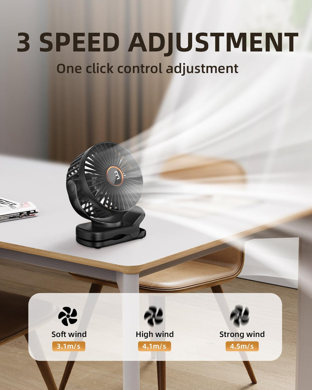 TUNISE Mini Clip-On Fan - Battery Operated, 3 Speed Adjustable, 360° Rotation, Portable for Home & Office - Black