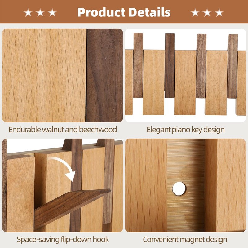 OMISTAR Wooden Coat Rack Wall Mounted, Piano Wall Coat Rack with 6 Hooks, Entryway Wall Hook for Hats, Keys, Towels, Bags, Home Decor