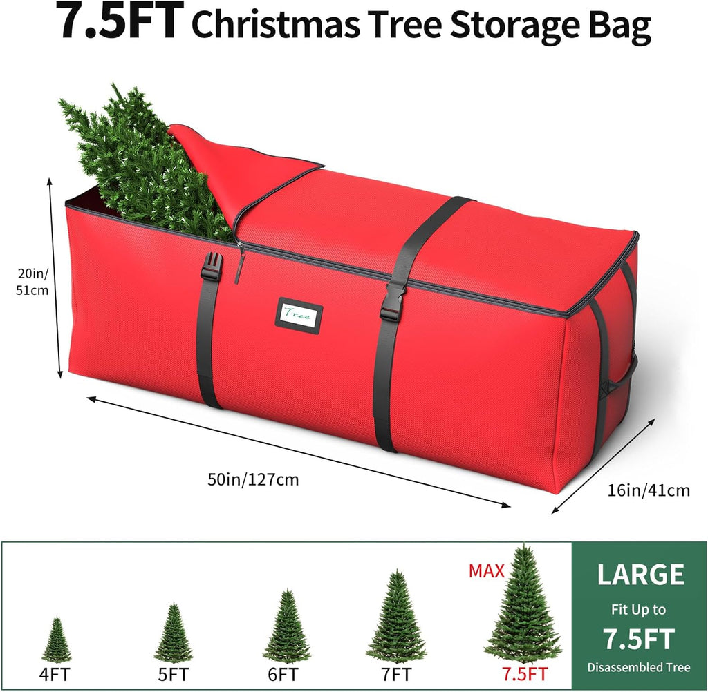 Skiennix Christmas Tree Storage Bag - Fits Up to 7.5Ft Artificial Trees | Waterproof 600D Oxford Fabric, Double Zipper & Buckle Straps, Easy Carry Handles - Red