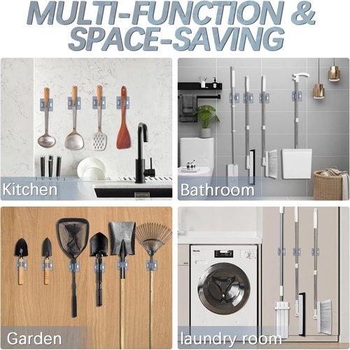 3-H Broom Holder Wall Mount - Heavy Duty No Drill Organizer for Garage & Kitchen | 4-Pack Plastic Storage Rack