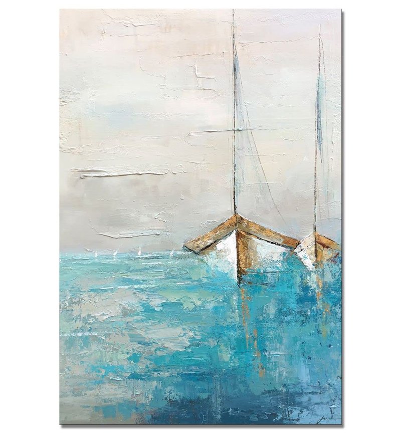Yihui Arts Hand Painted Textured Coastal Sailboats with Gold Foil Accents Wall Art