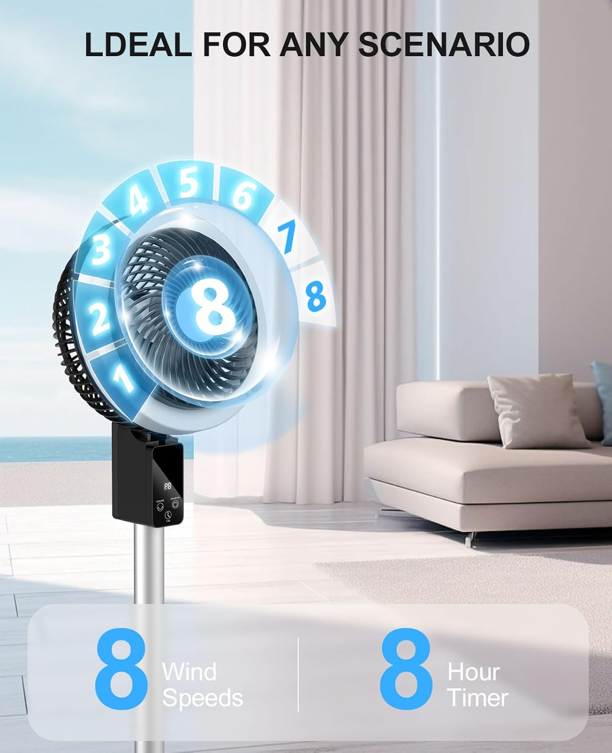 Skiennix Portable Standing Fan - 10000mAh Rechargeable Battery | 90°+120° Oscillation, 8 Speeds, Adjustable Height