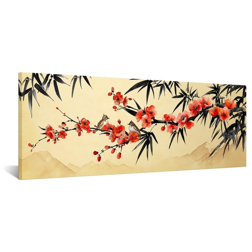 iKNOW FOTO Large Bamboo Plum Blossoms Chinese Traditional Wall Art with Birds Black and Red Canvas Painting for Living Room, Hallway, Home Office, Asian Wall Decor, Modern Chinese Art 20x55 Inches
