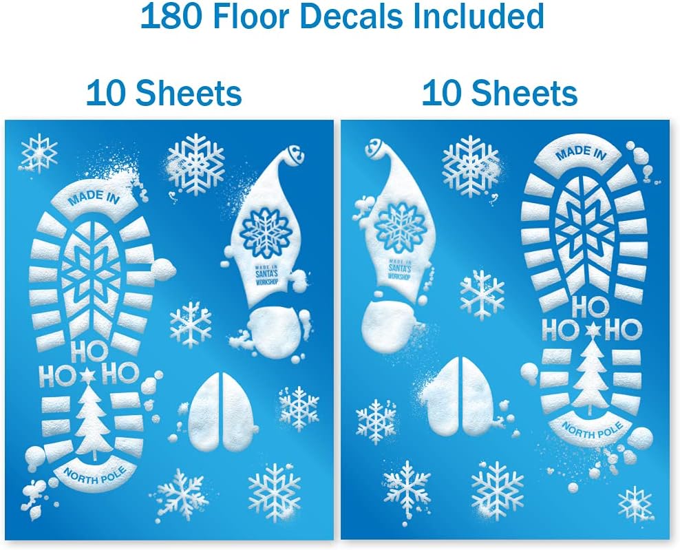 Santa Footprints - 180 Ct Floor Stickers Kit with Reindeer & Elf Designs for Holiday Fun