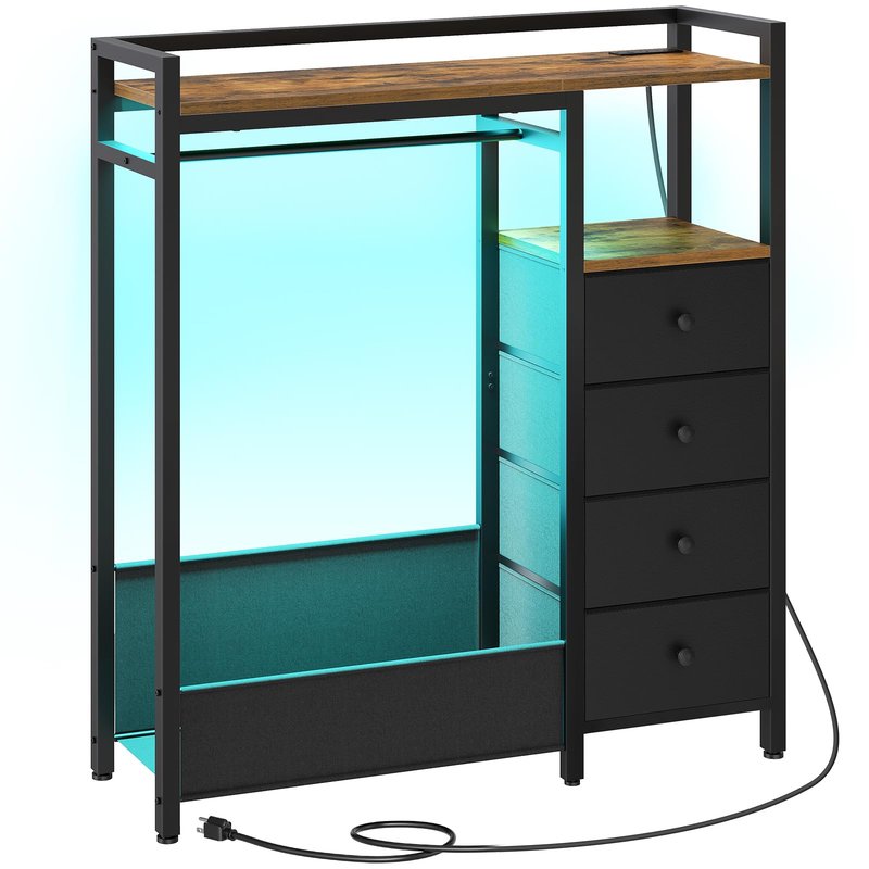 YATINEY Bedroom Dresser with Clothes Rack, 4 Drawer Dresser with Charging Station and LED Light, Chest of Drawers for Bedroom, Closet Organizer with Hanging Rack and 2-Tier Shoe Rack, Rustic Brown