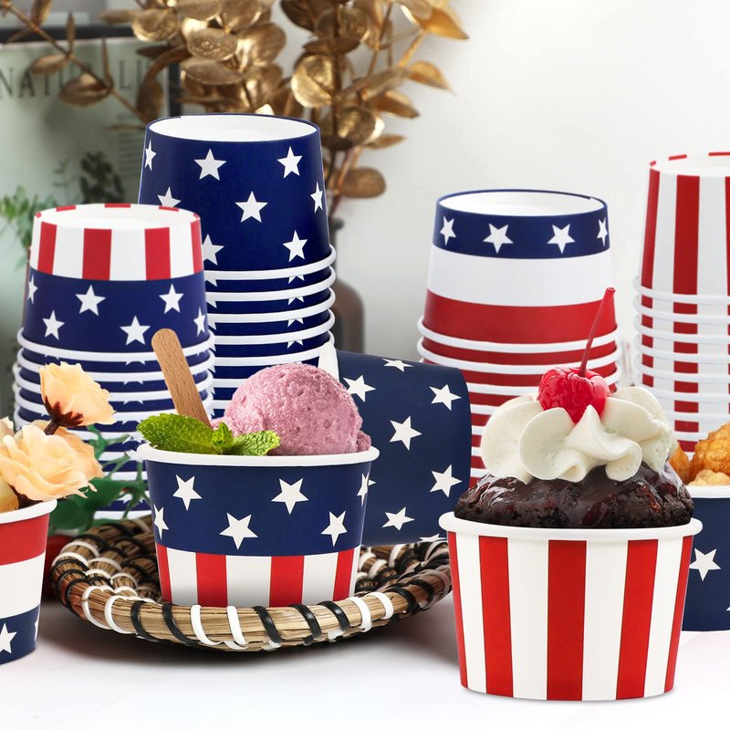 60Pcs 4th of July Independence Day Decorations Snack Cups Bowls Patriotic Disposable Ice Cream Soup Bowls for Picnic Hot or Cold Food, 8oz Veterans Snack Dessert Treat Cups Household Party Supplies