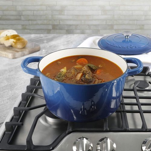 Crock-Pot Artisan 7-Quart Round Enameled Cast Iron Dutch Oven – Sapphire Blue, Durable Heavy-Duty Cookware for Slow Cooking, Baking, Roasting with Lid