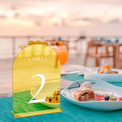 JOYIT Arch Wedding Table Numbers 1-20 with Stands – 5" X 7" Acrylic Mirrored Gold Table Number Holders, Perfect for Wedding Receptions, Parties, Anniversaries, and Events