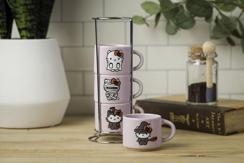 Silver Buffalo Sanrio Hello Kitty Halloween 4 Pack Stackable Ceramic Mug Set With Storage Rack, 3 Ounces