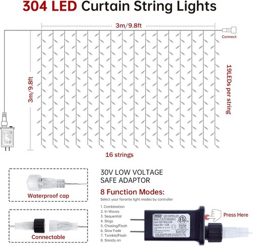 HEYFUNi LED Curtain Lights - 9.8Ft x 9.8Ft Outdoor Fairy Lights with 8 Modes - Perfect for Bedroom, Wedding, and Holiday Decor