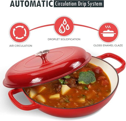 COOKWIN Cast Iron Dutch Oven - 3.8 Quart Enameled Casserole with Lid & Dual Handles | Red Porcelain Finish