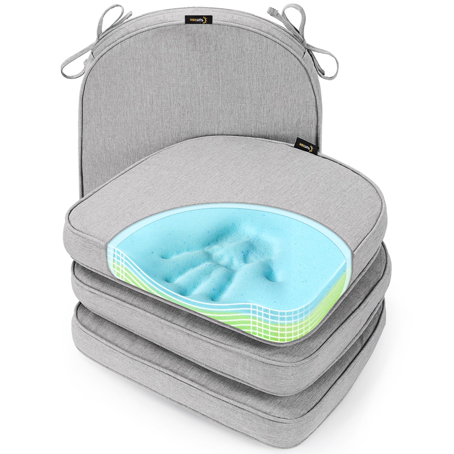 SUNROX Gel Memory Foam Chair Cushions, FadeShield Water-, Stain-Resistant Durable Reversible Seat Cushion Pads with Ties for Indoor/Outdoor Kitchen Dining Office, 17"x16", Set of 4, Heather Grey