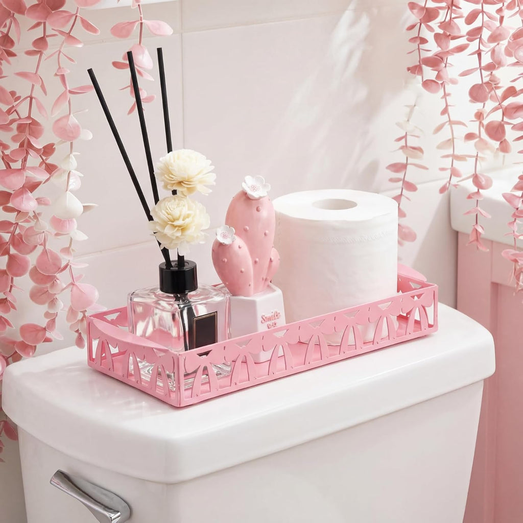 Skiennix Pink Bow Toilet Paper Basket - Cute Metal Holder with Handle for Bathroom Storage | Coquettish Decor