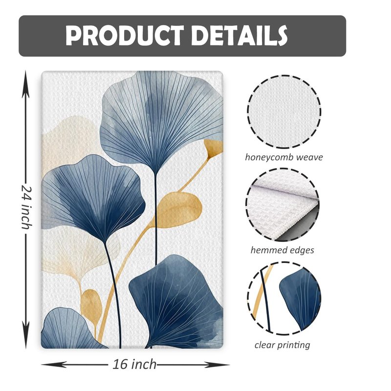 COWEB Boho Botanical Kitchen & Bath Towels - Navy & Golden Ginkgo Leaves, Mid Century Modern Decor, 16x24 Inch