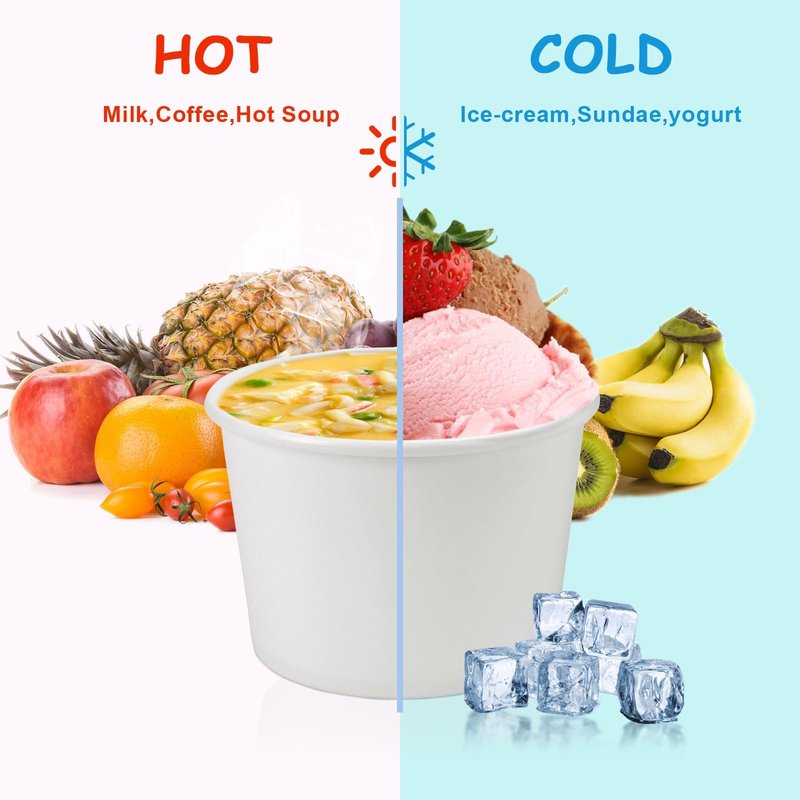 TKOnline 100 Pcs 9 Ounce White Paper Ice Cream Cups Disposable Soup Bowls Treat Snack Cups Disposable Paper Cups Dessert Bowls for Hot or Cold Food, Frozen Yogurt, Sundae, Soup ﻿