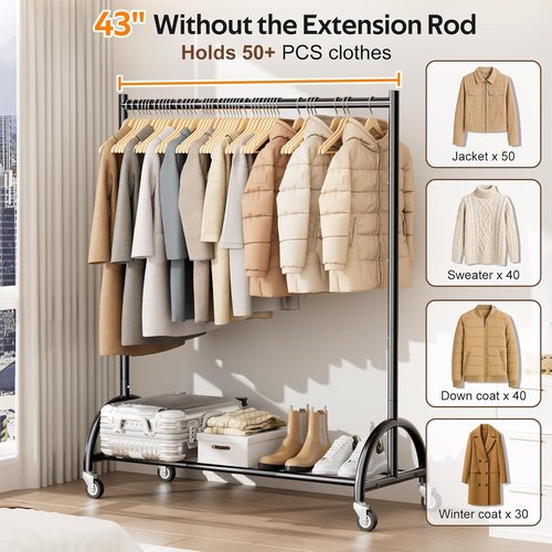 MISSLO Heavy Duty Clothing Rack - Rolling Garment Rack with Wheels for Coats & Dresses - Black