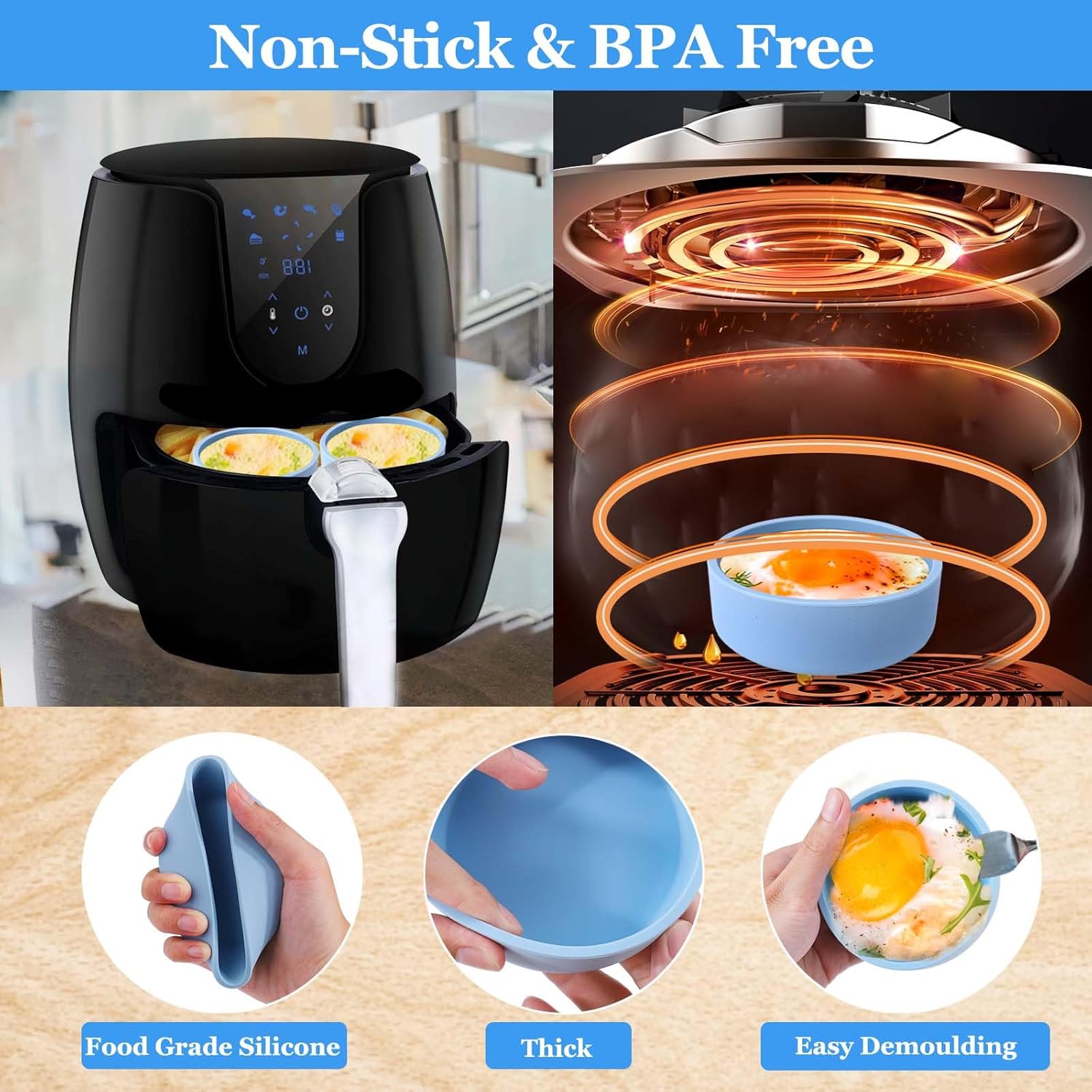 XANGNIER Silicone Egg Mold - 3 Pcs Reusable Nonstick Egg Bites Pan | BPA Free, Dishwasher Safe, Blue
