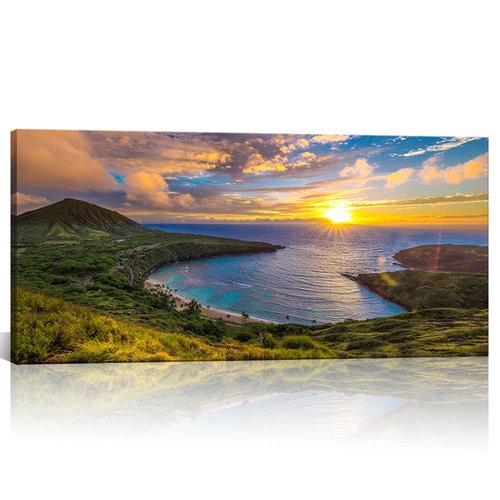 Large Canvas Wall Decorations Sunrise From Hanauma Bay On Oahu, Hawaii Landscape Printed Paintings For Living Room Framed Ready To Hang 24"X48"