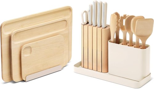 Caraway Kitchen Prep & Cutting Board Set - Non-Toxic Wooden Utensils & Knives - 3 Boards in Cream