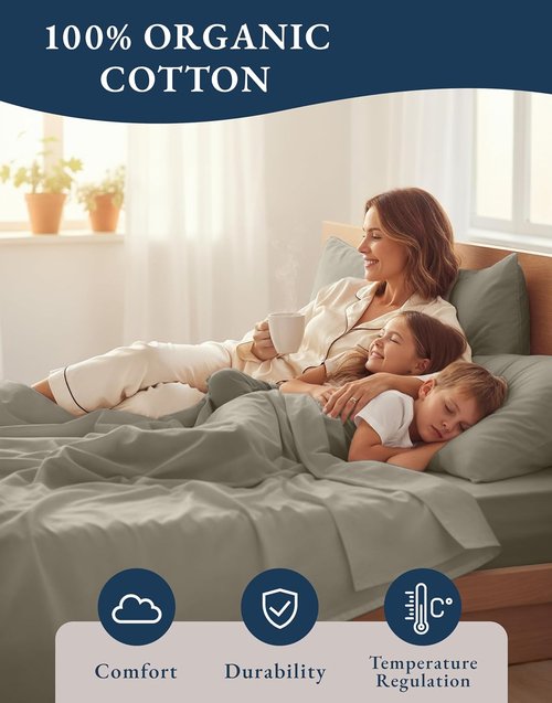 Lane Linen 100% Organic Cotton California King Sheets Set - Naturally Cooling, Machine Washable, Silver