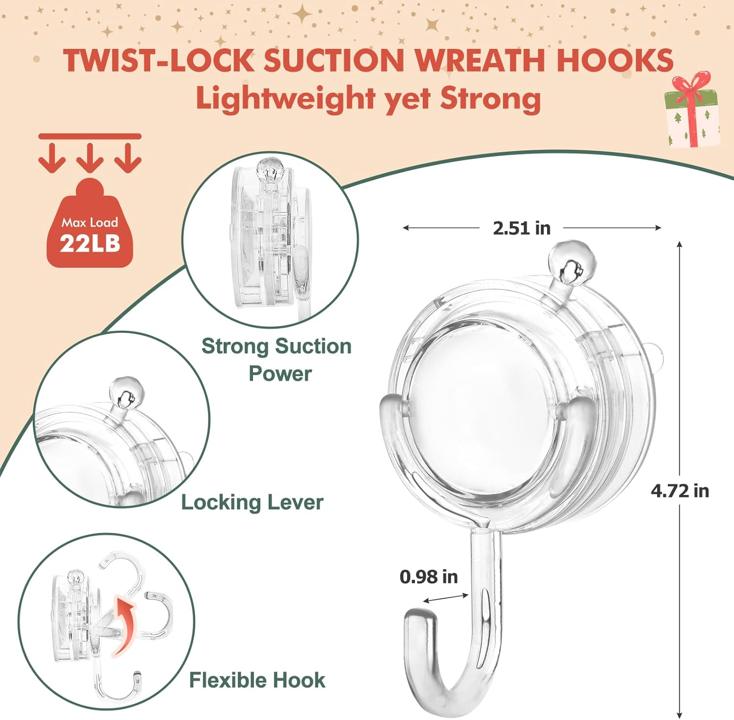 VIS'V Wreath Hanger - Heavy Duty Suction Cup Hooks | 22 LB Capacity, Removable & Reusable, Clear, 2 Pcs