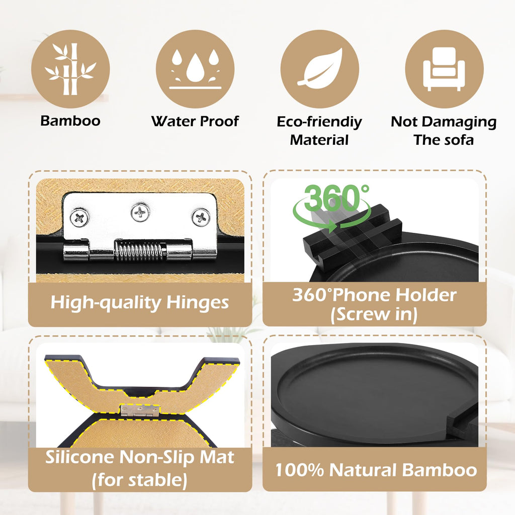 SINWANT Couch Armrest Table, Bamboo Clip On Couch Arm Table with 360°Phone Holder,Foldable Sofa Arm Tray for Eating and Drinking, TV Tray
