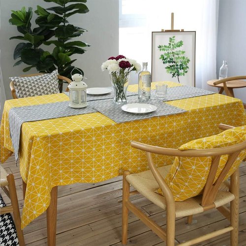 meioro Yellow Boho Table Cloth Rectangle Cotton Linen Nordic Twill Tablecloths Wrinkle Free Fabric Checkerboard Stripe Table Cloths Rustic Cover for Kitchen Dining Party Outdoor Picnic(55 x 86 Inch)