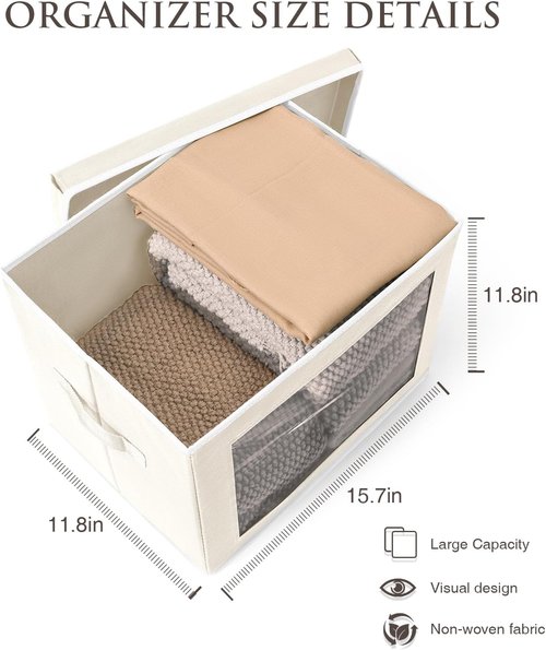 Homsorout Foldable Storage Boxes - Large Organiser Cubes with Lids & Clear Window | Beige 6-Pack