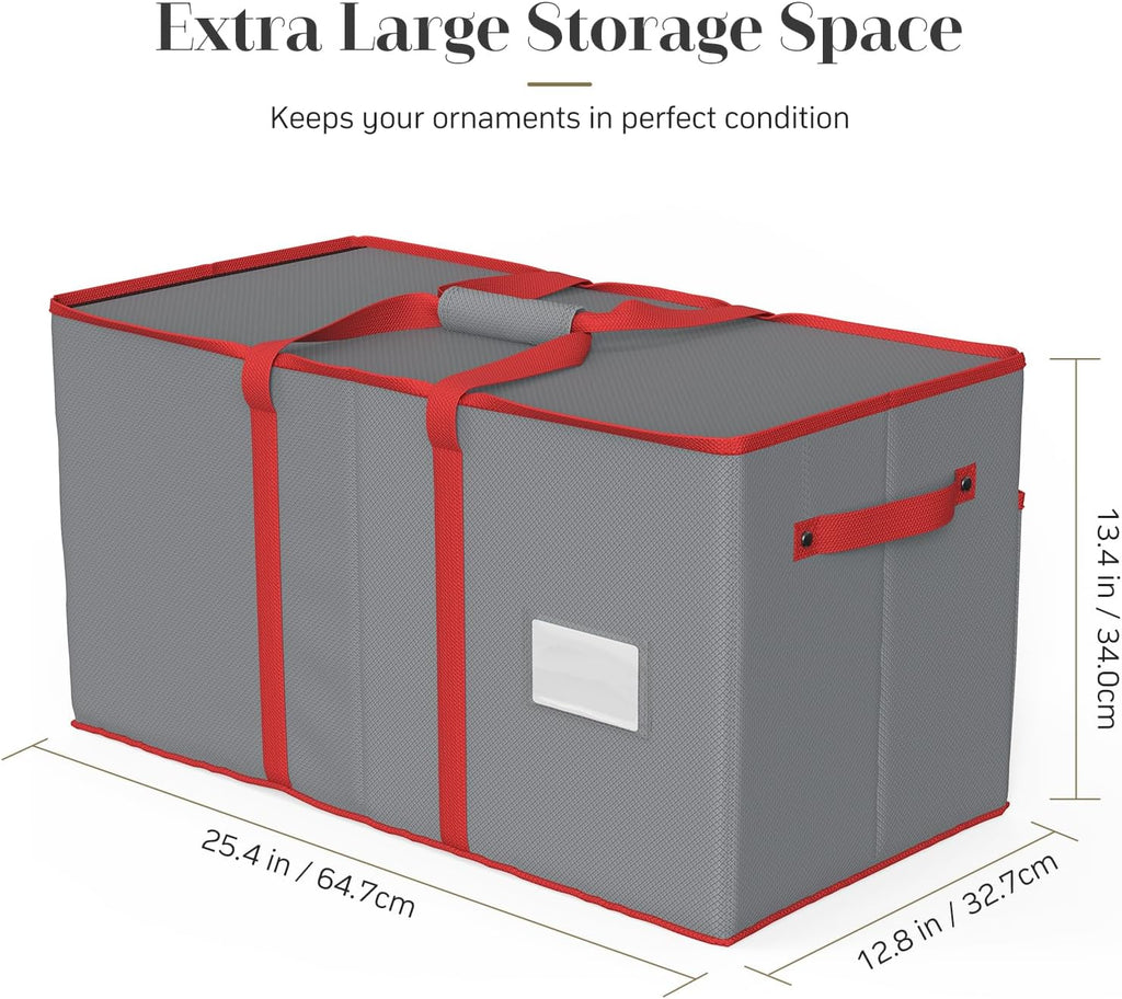 Winpull Christmas Ornament Storage Box - Large Organizer for 128 3-Inch Ornaments | Adjustable Dividers, Dual Zipper, Grey